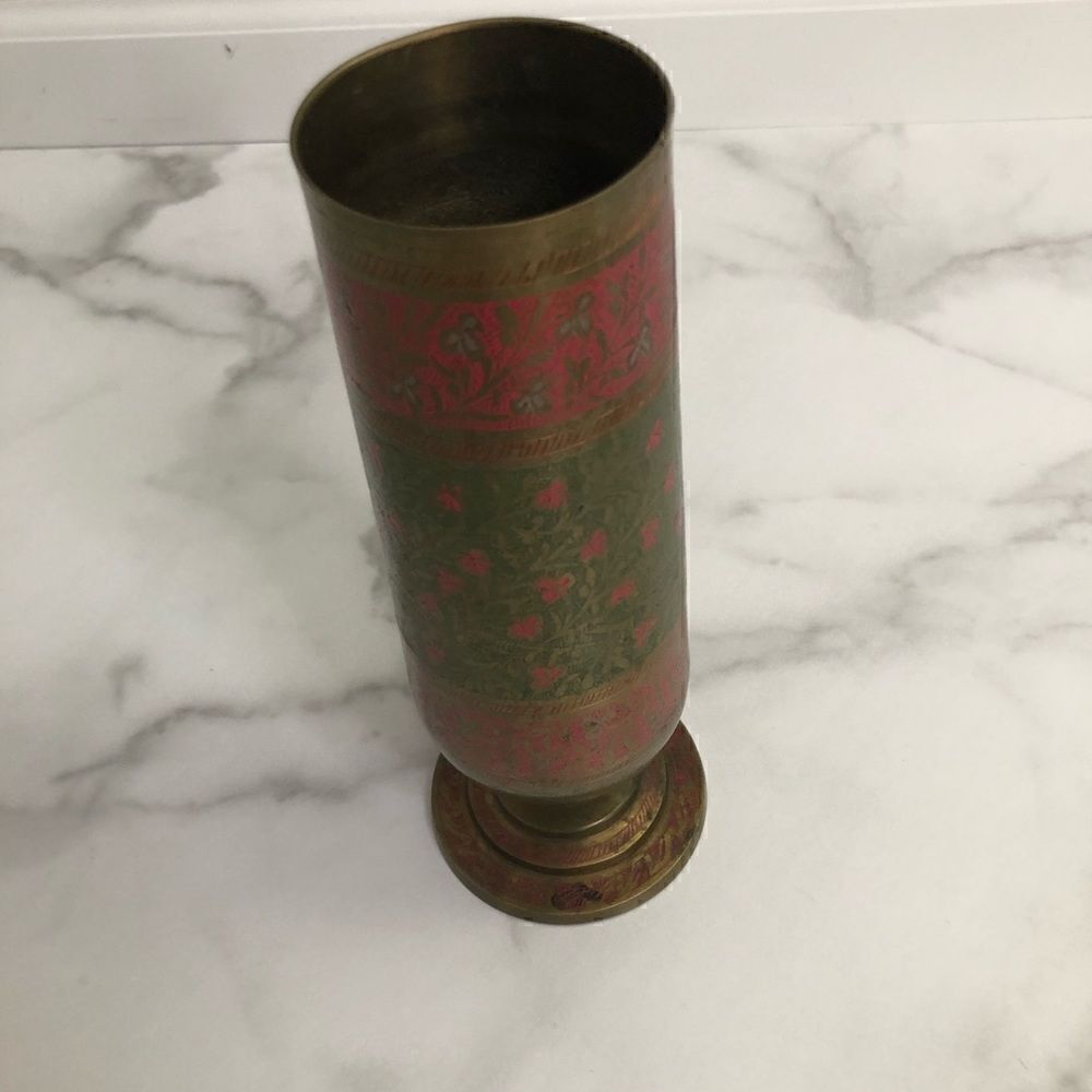 Vintage Etched Enamel Brass Footed Urn/Vase Red and Green Floral - Picture 8 of 10